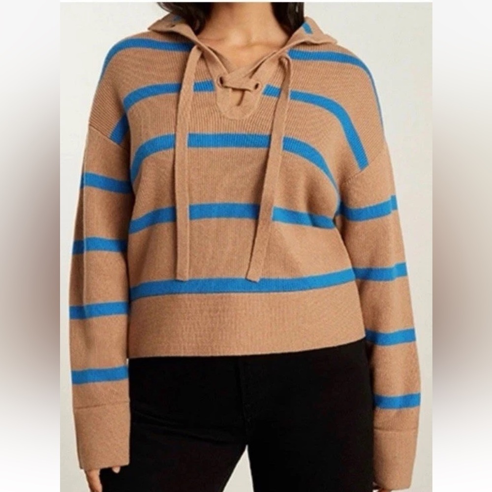 NWT Everlane The Lace-Up Smock Sweater in Chestnut/Blue Stripes XXS Wool Blend